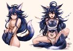  ahoge animal_ears beige_background blue_hair bound bound_wrists chain fenrir_(shingeki_no_bahamut) granblue_fantasy hair_between_eyes multiple_views open_mouth paws red_eyes revealing_clothes shingeki_no_bahamut simple_background sitting sketch spread_legs sukemyon tail teeth thighs upper_body wolf_ears wolf_paws wolf_tail 
