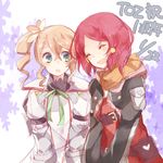  2girls alisha_diphda armor belt blue_eyes blush breasts brown_hair eyes_closed hair_ornament hair_tubes jacket long_hair multiple_girls open_mouth red_hair ribbon rose_(tales) scarf short_hair side_ponytail tales_of_(series) tales_of_zestiria 