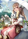  bow capelet castle company_connection copyright_name cup drill_hair earrings fire_emblem fire_emblem:_kakusei fire_emblem_cipher hair_bow holding horse jewelry long_hair looking_at_viewer mariabel_(fire_emblem) official_art open_mouth outdoors pants parasol pisuke smile solo teacup teapot thighhighs umbrella 