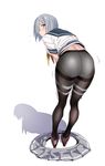  ass bent_over black_legwear blue_eyes blush breasts closed_mouth commentary_request crotch_seam from_behind full_body hair_ornament hair_over_one_eye hairclip hamakaze_(kantai_collection) kantai_collection looking_at_viewer looking_back medium_breasts neckerchief panties panties_under_pantyhose pantyhose school_uniform serafuku shadow short_hair short_sleeves silver_hair skirt skirt_removed solo standing thighband_pantyhose ulrich_(tagaragakuin) underwear white_panties yellow_neckwear 
