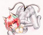  alternate_costume animal_ears ass bangs blunt_bangs blush bow braid breasts cat_ears cat_girl cat_tail catsuit cleavage colored_pencil_(medium) commentary_request fangs green_bow hair_bow highres kaenbyou_rin large_breasts latex looking_at_viewer multiple_tails parted_lips red_eyes red_hair smile solo tail top-down_bottom-up touhou traditional_media twin_braids two_tails yazuki_gennojou 