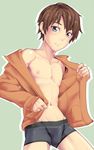  1boy blush bulge crotch looking_at_viewer male_focus solo underwear undressing young 