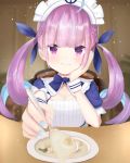  1girl ahoge blurry blurry_background braid breasts cleavage commentary_request drill_hair feeding food hair_ribbon hololive long_hair maid maid_headdress minato_aqua place porridge pov purple_hair ribbon smile solo spoon table twin_drills virtual_youtuber yuty_cg 