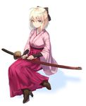  ahoge bangs black_bow blonde_hair blush boots bow closed_mouth commentary_request eyebrows_visible_through_hair fate_(series) full_body green_eyes hair_between_eyes hair_bow hakama half_updo haruato high_heel_boots high_heels highres japanese_clothes katana kimono koha-ace looking_at_viewer meiji_schoolgirl_uniform okita_souji_(fate) okita_souji_(fate)_(all) pink_kimono pink_skirt pleated_skirt sheath sheathed simple_background sitting skirt smile solo sword weapon white_background wide_sleeves 