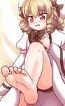  1girl akabashi barefoot blush bonde_hair drill_hair embarrassed feet from_below luna_child pov red_eyes soles toes touhou 