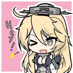 ahoge blonde_hair blue_eyes breasts cleavage elbow_gloves english fingerless_gloves front-tie_top gloves hair_between_eyes headgear iowa_(kantai_collection) kantai_collection kirama large_breasts long_hair one_eye_closed open_mouth solo star star-shaped_pupils symbol-shaped_pupils 