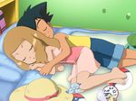  1boy 1girl absurdres bed bedroom blush cuddling eyes_closed highres indoors loli on_bed pokemon pokemon_(anime) pokemon_xy_(anime) satoshi_(pokemon) serena_(pokemon) sleeping smile 