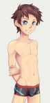  1boy blush bulge crotch male_focus nipples smile solo teeth topless underwear young 