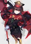  belt black_hair cape closed_mouth cow_(shadow) eyebrows_visible_through_hair family_crest fate_(series) floating_hair gloves grey_gloves hands_on_hilt hat highres koha-ace long_hair long_sleeves looking_at_viewer looking_up military military_hat military_uniform oda_nobunaga_(fate) oda_uri planted_sword planted_weapon red_cape red_eyes smile solo sword uniform weapon 