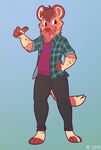  2016 4_fingers 4_toes african_wild_dog anthro barefoot biped black_bottomwear black_clothing black_eyes black_pants blue_background brown_fur brown_hair brown_nose brown_tail canine cinna_(nowandlater) clothed clothing digital_media_(artwork) digitigrade flannel flannel_shirt front_view full-length_portrait fully_clothed fur green_clothing green_shirt green_topwear hair hand_on_hip hi_res looking_away male mammal multicolored_fur multicolored_tail nowandlater open_shirt pants portrait purple_clothing purple_shirt purple_topwear shirt signature simple_background smile solo standing tan_fur tan_tail thumbs_up toes 