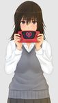  absurdres bad_id bad_pixiv_id black_hair blush brown_eyes green_kaminari grey_background hair_between_eyes handheld_game_console heart highres holding_handheld_game_console looking_at_viewer miyamae_tooru pleated_skirt school_uniform sega_game_gear seiren simple_background skirt solo sweater_vest 