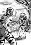  1girl coat crossover d: fang geta greyscale hand_gesture hat kemono_friends metal_gear_(series) metal_gear_solid_3 monochrome naked_snake nazotyu open_mouth scared slit_pupils snake_tail tail tree tsuchinoko_(kemono_friends) v-shaped_eyebrows you_gonna_get_eaten 