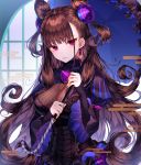  1girl absurdres bangs black_dress breasts brown_hair double_bun dress fate/grand_order fate_(series) ha_youn hair_between_eyes hair_ornament highres large_breasts long_hair looking_at_viewer murasaki_shikibu_(fate) puffy_sleeves purple_eyes umbrella upper_body very_long_hair 