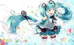  aqua_eyes aqua_hair boots bow commentary_request dress gloves hatsune_miku headphones highres k.syo.e+ long_hair looking_at_viewer magical_mirai_(vocaloid) md5_mismatch microphone necktie solo thighhighs twintails very_long_hair vocaloid white_gloves 