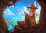  :3 ;p barefoot bracelet breasts brown_hair cleavage cliff cloud day fairy feet felarya forest hat jewelry karbo legs long_hair mask medium_breasts nature nipples nude one_eye_closed outdoors pointy_ears revision river scenery sky soles solo subeta toes tongue tongue_out treasure v wings 