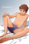  1boy barefoot bed crotch looking_at_viewer male_focus nipples pillow sitting smile solo testicles topless underwear young 