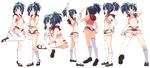  1girl artist_request ass black_hair blush bow brown_shoes from_below full_body green_bow hair_bow handcuffs kunihiro_hajime loafers looking_at_viewer multiple_views navel ponytail saki shoes short_ponytail simple_background sitting solo thighhighs white_background white_legwear 