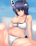  adjusting_clothes adjusting_swimsuit breasts commentary_request eyepatch food headgear highres kantai_collection large_breasts maki_ikazuya plump popsicle revision short_hair solo swimsuit tenryuu_(kantai_collection) 