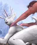  2016 anthro antlers brown_hair butt cervine deer duo female forest fur hair hattonslayden horn human human_on_anthro interspecies looking_back male male/female mammal nude open_mouth outside snow suggestive teeth tree white_fur 