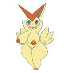  2017 anthro anthrofied areola big_breasts blue_eyes blue_sclera blush breasts fangs female flare-zen fur hi_res huge_breasts legendary_pok&eacute;mon navel nintendo nipples nude pok&eacute;mon pok&eacute;morph pussy raised_arm red_fur red_nipples simple_background solo victini video_games voluptuous white_background wide_hips yellow_fur 
