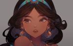  1girl :o aladdin_(disney) bare_shoulders black_hair brown_eyes close-up commentary curly_hair dark_skin diadem earrings face grey_background hoop_earrings jasmine_(disney) jewelry kawacy long_hair looking_away necklace open_mouth shaded_face simple_background solo twitter_username upper_body upper_teeth 