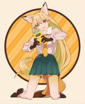  :q alternate_costume animal_ears beige_background black_gloves blonde_hair border bow bowtie brown_footwear chromatic_aberration circle collared_shirt copyright_name diagonal_stripes eyebrows eyelashes ezo_red_fox_(kemono_friends) fox_ears fox_tail full_body game_boy_color game_console gloves gradient_legwear green_eyes green_skirt handheld_game_console holding_handheld_game_console kamameshi_gougoumaru kemono_friends kneeling long_hair long_sleeves looking_down multicolored multicolored_background multicolored_clothes multicolored_eyes multicolored_legwear necktie nintendo no_jacket orange_background orange_neckwear pantyhose pink_border pleated_skirt ribbon-trimmed_skirt ribbon_trim shirt shoes simple_background skirt solo striped striped_background striped_neckwear tail thick_eyebrows tongue tongue_out tsurime two-tone_legwear very_long_hair white_bow white_legwear white_neckwear white_shirt yellow_border yellow_eyes 