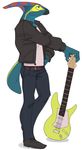  anthro bald clothed clothing dinosaur guitar male musical_instrument open_jacket polywomple solo standing 