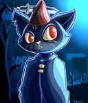  cape cat clothing costume dagger feline hat kingoffatcats mae_(nitw) mammal melee_weapon night_in_the_woods red_eyes solo weapon 