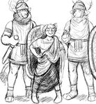  anthro armor black_and_white canine cat catligula clothing feline group hair helmet hladilnik lion male mammal melee_weapon monochrome roman shield size_difference smile soldier sword toga weapon wolf 