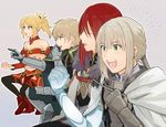  3boys airgetlam_(fate) aki_(neyuki41028) armor bedivere blonde_hair blue_eyes breastplate closed_eyes fate/apocrypha fate/extra fate/grand_order fate/stay_night fate_(series) gaijin_4koma gawain_(fate/extra) green_eyes knights_of_the_round_table_(fate) long_hair mordred_(fate) mordred_(fate)_(all) multiple_boys navel parody ponytail purple_hair red_hair short_hair smile tristan_(fate/grand_order) white_hair 
