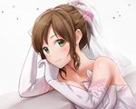 bare_shoulders blush bow bridal_veil brown_hair commentary_request dress earrings elbow_gloves flower gloves green_eyes hair_flower hair_ornament hand_in_hair hand_on_own_face head_rest idolmaster idolmaster_cinderella_girls idolmaster_cinderella_girls_starlight_stage jewelry looking_at_viewer looking_to_the_side maekawa_miku necklace short_hair simple_background sleeveless sleeveless_dress smile solo sparkle star takeashiro tied_hair veil wedding_dress white_background white_dress white_gloves 