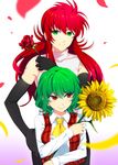  1girl ascot black_gloves black_pants blown_petals blurry collared_shirt commentary crossover depth_of_field elbow_gloves eyebrows_visible_through_hair flower gloves gradient gradient_background green_eyes green_hair hair_between_eyes hand_on_hip highres holding holding_flower kazami_yuuka kurama long_hair long_sleeves looking_at_viewer mattari_yufi pants petals pink_background plaid plaid_vest power_connection purple_background red_eyes red_flower red_hair red_rose red_vest rose shirt short_hair sidelocks sleeveless sleeveless_shirt smile sunflower touhou trait_connection vest white_background white_shirt yellow_flower yellow_neckwear yuu_yuu_hakusho 