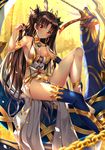  anklet armlet asymmetrical_legwear barefoot blush breasts bridal_gauntlets brown_hair cleavage crown earrings fate/grand_order fate_(series) hair_ribbon highres hoop_earrings ishtar_(fate/grand_order) jewelry long_hair long_legs looking_at_viewer medium_breasts navel red_eyes ribbon shiny shiny_hair sideboob single_bridal_gauntlet single_thighhigh sitting smile solo swordsouls thighhighs twintails two_side_up 