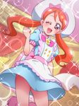  ;d apron blue_dress blush bow breasts clenched_hand dress from_below happy hat hat_bow kirakira_patisserie_uniform kirakira_precure_a_la_mode long_hair looking_at_viewer one_eye_closed open_mouth orange_hair pink_bow precure red_eyes small_breasts smile solo sparkle tj-type1 twintails usami_ichika white_apron white_hat 