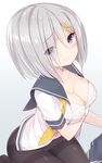  black_legwear blue_eyes blush bra breast_hold breasts cleavage collarbone eyebrows_visible_through_hair eyes_visible_through_hair gradient gradient_background hair_ornament hair_over_one_eye hairclip hamakaze_(kantai_collection) kantai_collection medium_breasts open_clothes open_shirt pantyhose school_uniform serafuku shirt silver_hair simple_background sitting skirt skirt_removed solo thighband_pantyhose underwear watanon_(gakushokutei) white_bra 