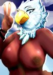  anthro avian bald_eagle beak big_breasts bird blue_eyes breasts eagle female june_(character) looking_at_viewer lysandre_the_ceer nipples signature solo v_sign 