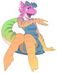  anthro clothed clothing fangs female hair open_mouth polywomple scalie sitting smile solo teeth tongue 