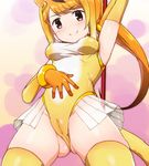  animal_ears arm_up armpits ass_visible_through_thighs bangle bare_shoulders blonde_hair blush bracelet breasts brown_eyes cameltoe circlet closed_mouth covered_navel covered_nipples cropped_legs elbow_gloves gloves golden_snub-nosed_monkey_(kemono_friends) gradient_hair groin hand_on_own_stomach high_ponytail highleg highleg_leotard holding holding_staff iwahana jewelry kemono_friends leotard long_hair looking_at_viewer medium_breasts monkey_ears monkey_tail multicolored_hair orange_hair ponytail skirt smile solo staff tail thighhighs thighs two-tone_hair yellow_legwear yellow_leotard 