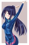  arms_up blue_bodysuit blue_hair bodysuit cowboy_shot highres long_hair looking_at_viewer love_live! love_live!_sunshine!! matsuura_kanan minase_(takaoka_nanase) ponytail purple_eyes shiny shiny_clothes solo standing wetsuit 