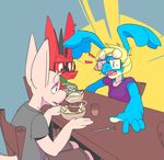  anthro canine clothed clothing dragon eyewear female food glasses group lagomorph male mammal open_mouth polywomple rabbit sitting 