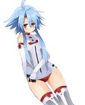  ahoge blancpig_yryr blue_hair blush long_hair looking_at_viewer neptune_(series) power_symbol red_eyes short_hair_with_long_locks solo symbol-shaped_pupils thighs white_background white_heart 