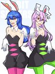  :d ;d animal_ears aori_(splatoon) aori_(splatoon)_(cosplay) bare_shoulders blue_hair breasts bunny_ears cleavage collarbone cosplay covered_navel cowboy_shot detached_collar dress ear_clip english eyebrows_visible_through_hair gloves gradient gradient_background green_legwear hair_between_eyes hands_up hotaru_(splatoon) hotaru_(splatoon)_(cosplay) long_hair looking_at_viewer mamedenchi multiple_girls one_eye_closed open_mouth pantyhose pink_legwear pose purple_hair red_eyes reisen_udongein_inaba seiran_(touhou) short_jumpsuit smile splatoon_(series) splatoon_1 standing strapless strapless_dress touhou white_gloves 