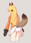  1girl animal_ears arms_at_sides ass blazer blonde_hair brown_gloves brown_hair commentary cowboy_shot cropped_legs expressionless eyebrows_visible_through_hair ezo_red_fox_(kemono_friends) fox_ears fox_tail from_behind from_side fur-trimmed_sleeves fur_trim gloves grey_background inconvenient_tail jacket jpeg_artifacts kemono_friends long_hair long_sleeves looking_away motion_lines multicolored_hair no_legwear orange_eyes orange_jacket panties pantyshot pantyshot_(standing) profile simple_background solo standing tail tail_lift tail_wagging tsurime two-tone_hair underwear white_panties yareru_babaa 