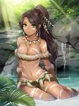  bare_shoulders body_markings breasts brown_hair cleavage dark_skin earrings facial_mark fang_necklace feathers forehead_jewel green_eyes hair_feathers highres jewelry konomoto_(knmtzzz) league_of_legends long_hair looking_at_viewer medium_breasts midriff navel nidalee parted_lips ponytail sitting solo yokozuwari 