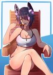  armrest bikini breasts brown_eyes chair cleavage crossed_legs eating edwin_(cyberdark_impacts) eyepatch food glowing hair_over_one_eye headgear highres kantai_collection large_breasts looking_at_viewer machinery parted_lips purple_hair revision short_hair sitting smile solo swimsuit teeth tenryuu_(kantai_collection) white_bikini 