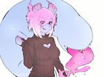  2017 bassi big_tail blue_skin breasts clothing female hair happy humanoid keyhole_turtleneck monster monster_girl_(genre) multicolored_hair open_mouth phae pink_hair purple_eyes simple_background suckers sweater tail_mouth tentacles thick_tail tongue 