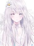  artist_name bangs bare_shoulders blush collarbone daisy eyebrows_visible_through_hair flower grey_hair hair_flower hair_ornament long_hair looking_at_viewer neck_ribbon original parted_lips ribbon shirt signature silver_eyes silver_hair solo tr_(hareru) upper_body white white_flower white_shirt 