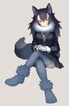  :&gt; animal_ears black_jacket blazer blue_eyes breast_pocket breasts buttons commentary crossed_legs eyebrows_visible_through_hair full_body fur_collar gloves grey_background grey_footwear grey_hair grey_legwear grey_wolf_(kemono_friends) hands_on_own_knee heterochromia invisible_chair jacket jpeg_artifacts kemono_friends large_breasts loafers long_hair long_sleeves looking_at_viewer multicolored_hair necktie own_hands_together plaid plaid_neckwear plaid_skirt pleated_skirt pocket shoes simple_background sitting skirt smile solo tail thighhighs tsurime two-tone_hair wavy_hair white_gloves white_hair wolf_ears wolf_tail yareru_babaa yellow_eyes 