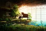  black_hair black_pants broken_window commentary_request concrete grand_piano grass indoors instrument lily_pad mocha_(cotton) music original overgrown pants piano piano_bench playing_instrument pond ruins scenery shirt sitting solo tree water white_shirt window 