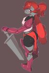  anthro butt clothed clothing female fish hair looking_at_viewer marine melee_weapon polywomple solo standing sword undertale undyne video_games weapon 